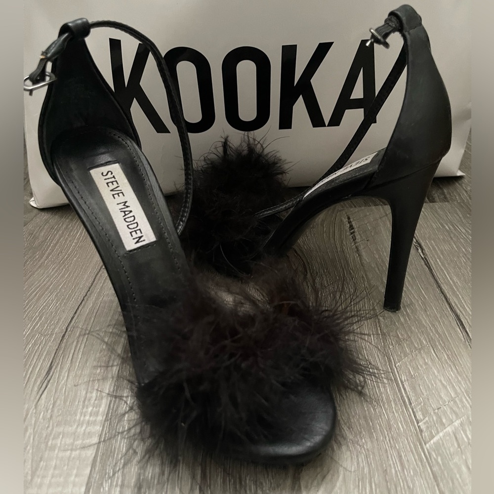 STEVE MADDEN feather fluffy black heels